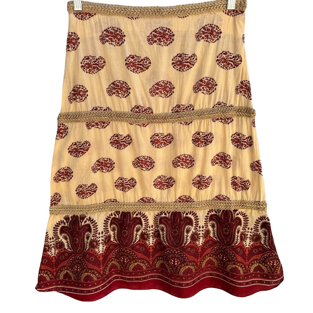Boho Festival Paisley Block‎ Print Tiered Skirt Red Braided Trim Ethnic Hippie S